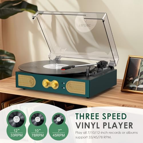 Image of Vinyl Record Player Vintage 3-Speed Turntable with Built-in Stereo Speakers, Bass /Treble Control, Headphone Jack, RCA Output,AUX Input, Belt-Driven LP Player, Green