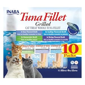 INABA Natural, Premium Hand-Cut Grilled Tuna Fillet Cat Treats/Topper/Complement with Vitamin E and Green Tea Extract, 0.52 Ounces Each, Pack of 10, Variety Pack