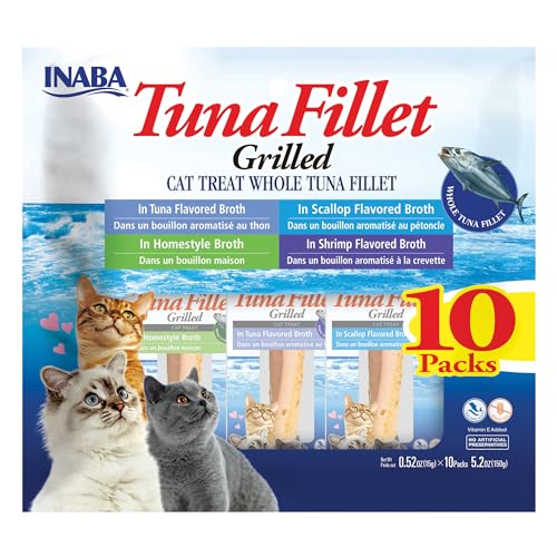 INABA Natural, Premium Hand-Cut Grilled Tuna Fillet Cat Treats/Topper/Complement with Vitamin E and Green Tea Extract, 0.52 Ounces Each, Pack of 10, Variety Pack