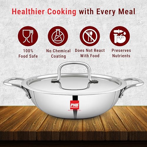 Image of PNB Kitchenmate Triply Stainless Steel kadai - 3.25 Liter| Induction Compatible triply kadai with lid | Stainless Steel cookware | Try ply cookware for Indian Cooking |Dishwasher Safe|5 Year Warranty