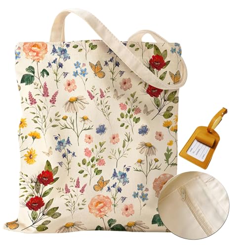 Floral Canvas Tote Bag with Zipper Pockets for Women - 15