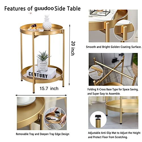 Guudoo Side Table,2 Tier Folding Gold End Table Metal Waterproof Snack Beside Table Accent Coffee Table For Living Room Balcony #TOP1