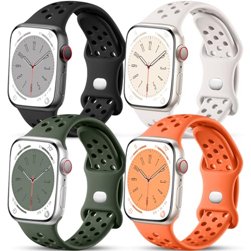 Image of Getino Compatible with Apple Watch Band 40mm 38mm 41mm 44mm 45mm 46mm 49mm 42mm for Women Men iWatch SE Ultra Series 10 9 8 7 6 5 4 3 2 1, Durable Flexible Breathable Soft Silicone Sport Bands, 4 Pack