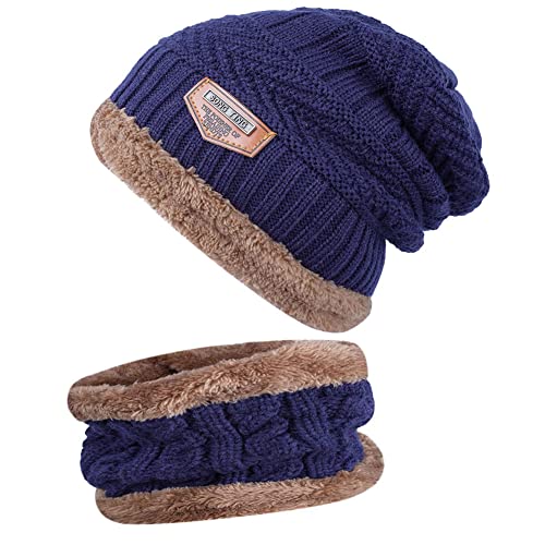 EMPO Lot de 2 bonnets d'hiver pour homme et femme - En tricot épais - Doublure polaire - Unisexe, Marine, Taille Unique Cover