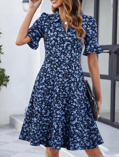 Image of Mokayee Womens Summer Ruffle Sleeve Collared V Neck Fit and Flare Elegant A line Swing Dresses with Pockets