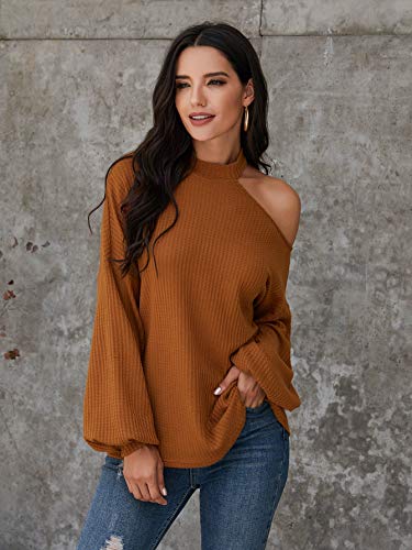 Romwe Women's Waffle Knit Tunic Tops Cold Shoulder Long Sleeve Loose Blouse Shirts Brown M #TOP3