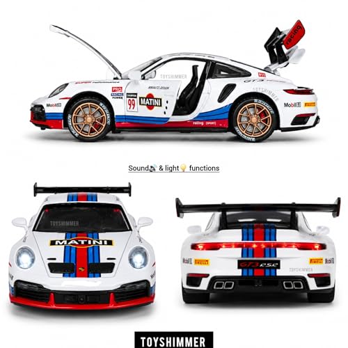 Image of 1:32 Scale Porshi Martini Die Cast Car for Kids & Collectors | Metal Body Sports Racing Toy Car with Openable Doors, Pull Back Action, Light & Sound -White