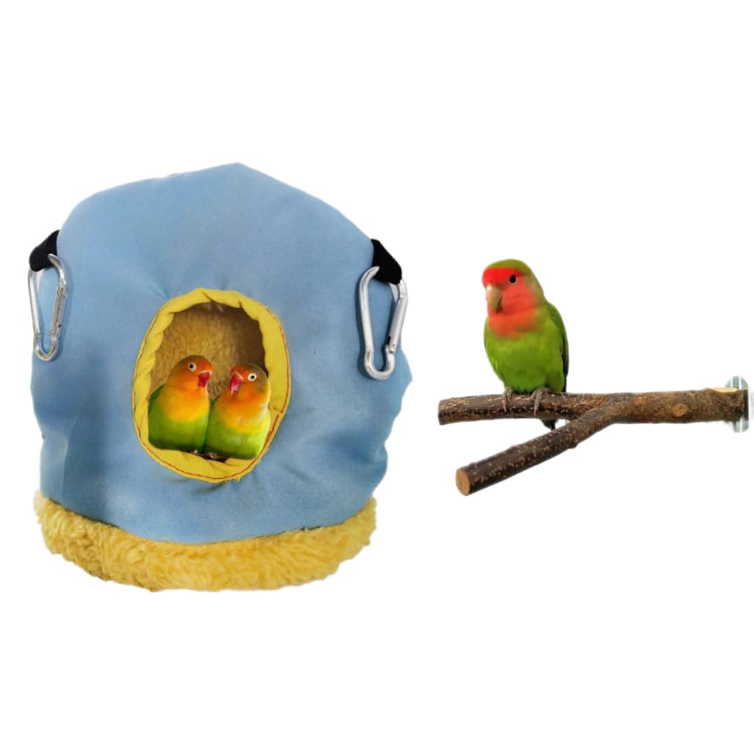 Pack Nido Colgante para Pájaros Y Pequeños Roedores Mas Percha Forma De Y Refugio Acolchado, Casa de Peluche. Cama y Juguetes para Pájaros Pequeños y Agapornis - Invierno Cálido y Confortable