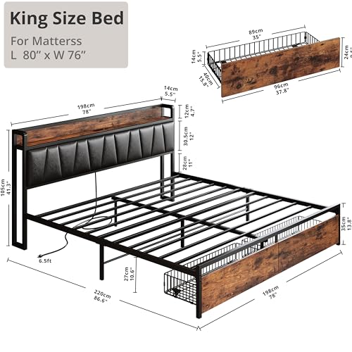 image for LIKIMIO King Size Bed Frame, Storage Headboard with Charging Station, 