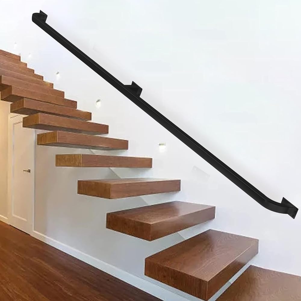 FKXSXAZ Industrial Stairs Handrail Railing Brackets - Wall Mount Staircase Banister Hand Rails for Indoor Outdoor, Black Metal Wrought Iron Foot Rail Support Rod Grab Bar(Size:4.6ft/140cm)