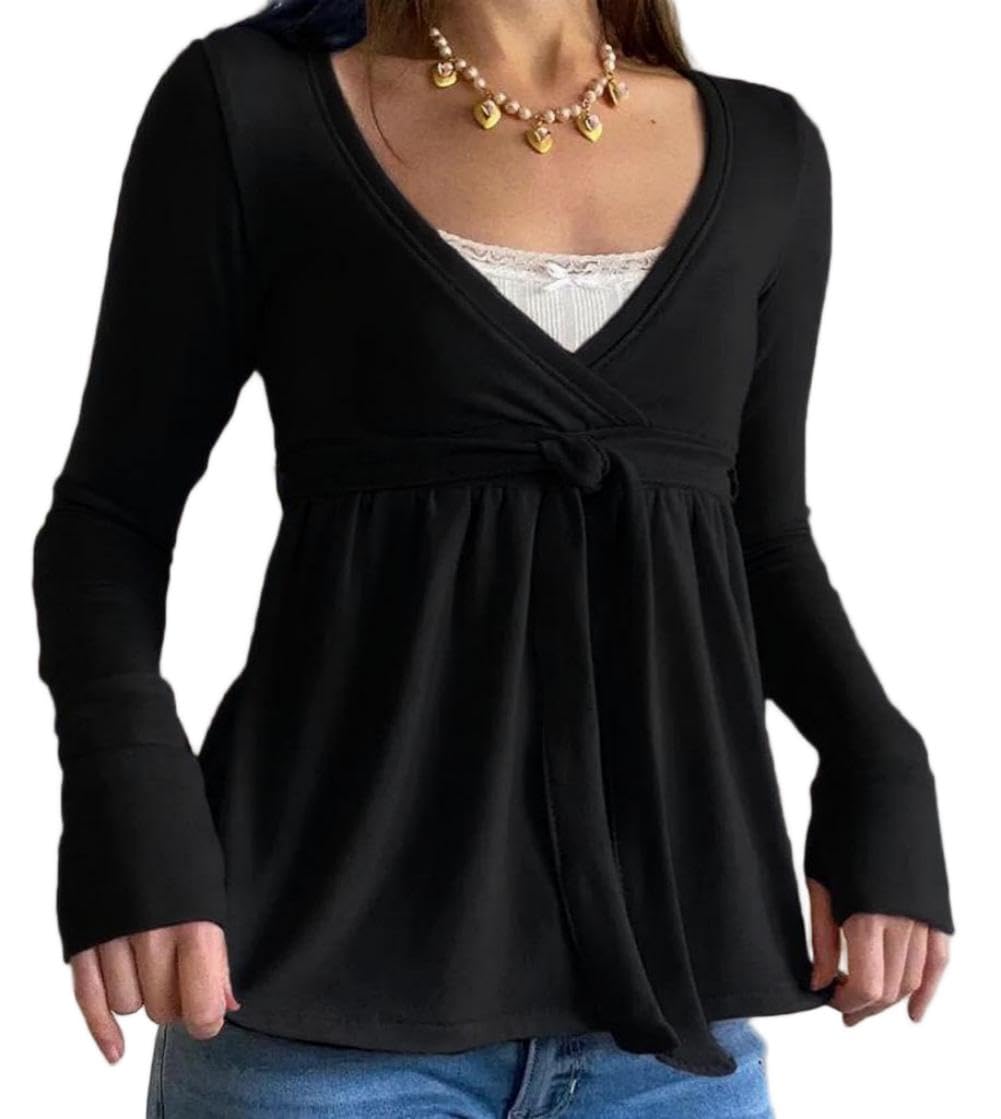 Eimmao Women Babydoll Long Sleeve Top Y2K V Neck Shirts Dark Black M โ image 1