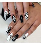 Christmas Press on Nails Medium Length Coffin Square Fake Nails Black White Snowflake Design Full...