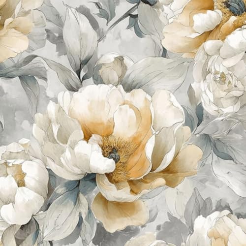 壁紙 45cm x 300cm 剥がせる ホワイト、ベージュ、グレーの穏やかなトーンで描かれたソフトなフローラルシャクヤクパターン 多機能 防水/汚れ防止/防油 食器棚 クロ 玄関 ふすま紙 家具 部屋 DIY 賃貸OK