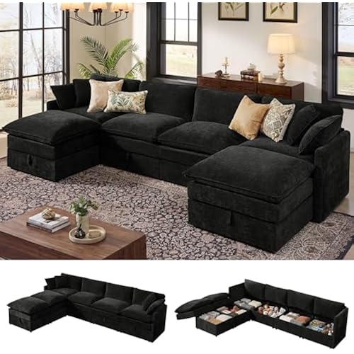 Ihanherry 135” Modular Sectional Sofa with Storage, U Shaped Cloud Couch with Movable Ottomans & 4 Pillows, Chenille Deep Seat Sectional Couches for Living Room, Apartment (Black)