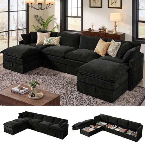 Image of Ihanherry 135 inch Modular Sectional Sofa with Storage, U Shaped Cloud Couch with Movable Ottomans & 4 Pillows, Chenille Deep Seat Sectional Couches for Living Room, Apartment (Black)