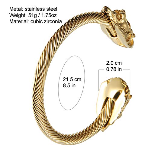 HZMAN Mens Lion CZ Eyes Bracelet Cable Wire Bangle Stainless Steel Gold Plated Biker Punk3