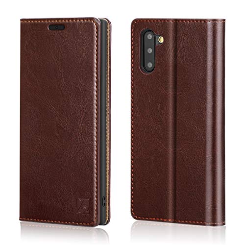 Belemay Samsung Galaxy Note 10 Wallet Case, Genuine Cowhide Leather Case, Flip Cover Folio Book Style, Card Holder Slots, Cash Pockets, Kickstand Compatible Samsung Galaxy Note 10, Brown