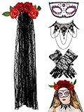 Giegxin 4 Pcs Day of The Dead Costume Accessories Halloween Dia De Los Muertos Women Mask Masquerade Headpiece Veil(Simple Style)