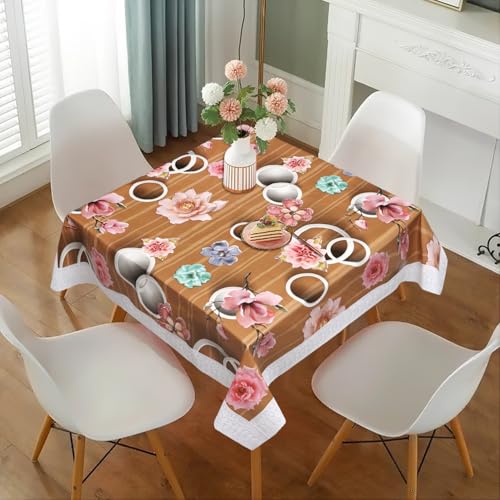 Image of Dakshya Industries PVC Waterproof Square Table Cover 48x48 Inch for 4 Seater Dining Table | Floral Printed Oilproof Stain Resistant Washable Plastic Table Cover, Orange