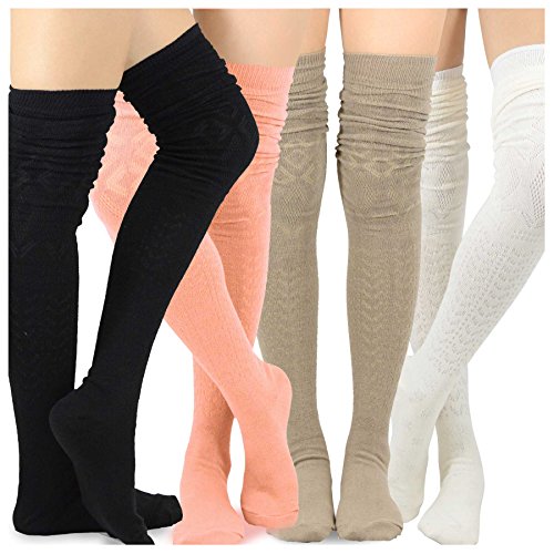 Teehee Women's Fashion Extra Long Cotton Thigh High Socks - 4 Pair Pack (Pointelle)