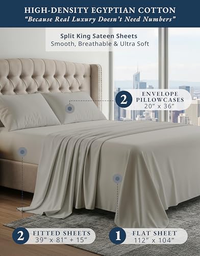 Image of LANE LINEN Split King Cotton Sheets 100% Egyptian Cotton Sateen - Silver | Half Split King Sheets Sets For Adjustable Bed - 5-Piece Set, For A Luxurious Night's Sleep, Softer With Every Wash