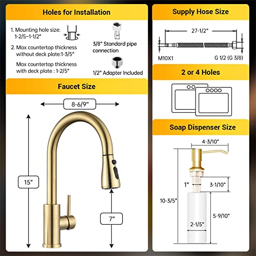 Dayone Kitchen Faucet With Soap Dispenser Champagne Gold, Stainless Steel Single Handle Kitchen Sink Faucet 3 Modes, Pull Down Faucet For 2 Holes Or 4 Holes Sink, Day-257Btg #TOP5