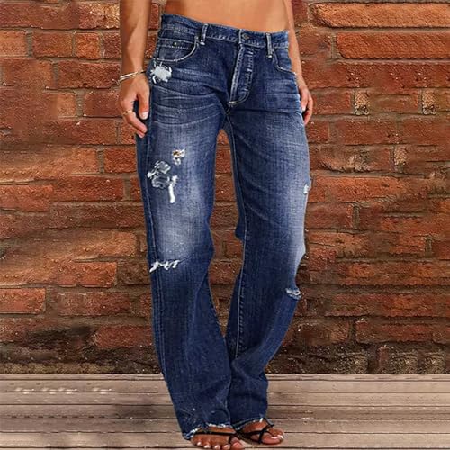 Womens Ripped Jeans Trendy Raw Hem Mid Waist Straight Leg Distressed Trousers Baggy Stretchy Streetwear Denim Pants2