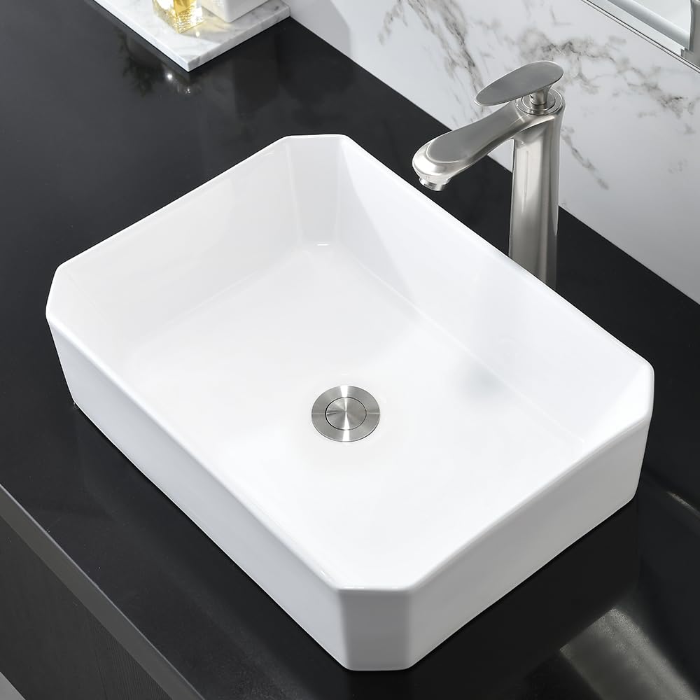 Rectangle White Bathroom Sink- Hovheir 20"x15" Bathroom Sink Above Counter White Vessel Sink Rectangle Ceramic Bathroom Vessel Vanity Sink Art Basin