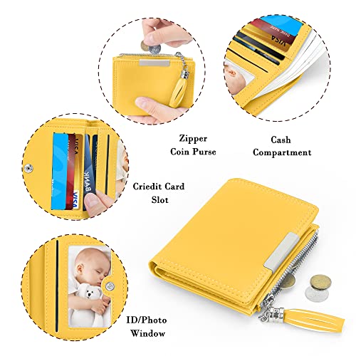 Small Wallet for Women, Leather Compact Bifold Womens Wallet with Zipper Coin Purse (Tasseled Zipper, Yellow)3