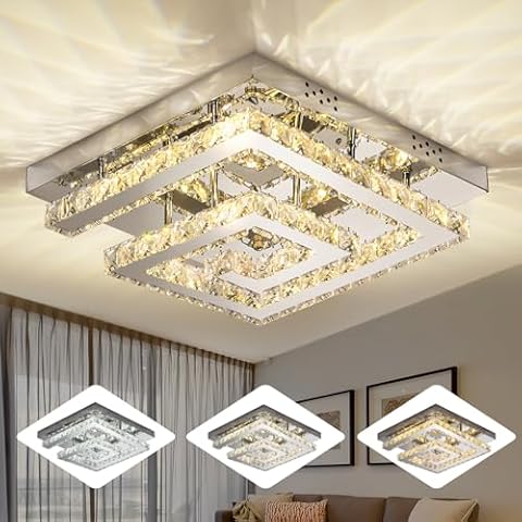 Miuyhji 16" Modern Crystal Chandelier, Adjustable Led 3 Color Dimmable Ceiling Light 2 Layers Square Flush Mount Ceiling Lamp for Bedrooms Dining Rooms Living Room Kitchen Staircase Hallway(Dimmable) Cover