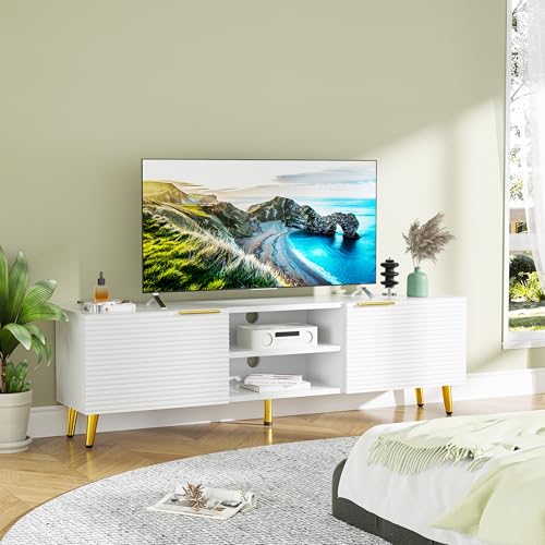 Redpick Modern TV Stand for 55/60/65 Inch TV Entertainment Center with Storage Cabinet and Open Shelves Media Console Table for Living Room Bedroom White & Gold