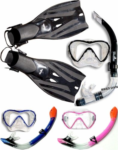 TBF SILICON TYPE 3 + Q Combo ADULT Set - Mask + Fins + Snorkel flipper Set - by Two Bare Feet, BLACK, XL FINS - STANDARD SNORKEL