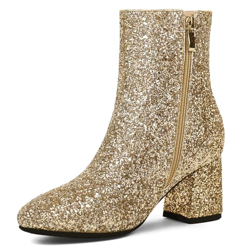 FIFSY Women Sparkly Ankle Boots Sequin Glitter Booties Chunky High Heels Gold US9.5 EU40