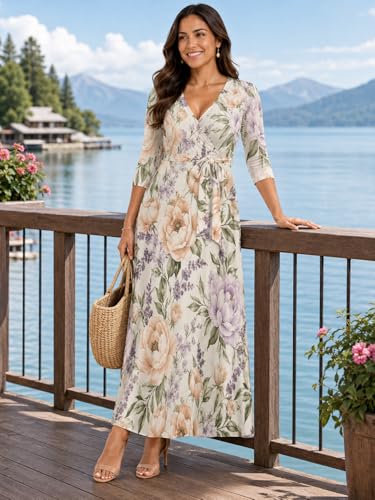 Image of Plus Size Maxi Dress for Women V Neck 3 /4 Sleeve Wrap Dress