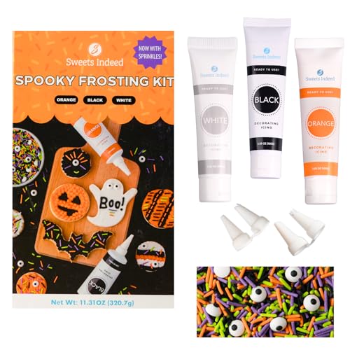 Halloween Frosting Kit With Sprinkles & Eyeballs – 11.31 Oz Decorating Set With 3 Frosting Tubes (Orange, Black, White), 4 Nozzles & 2 Oz Sprinkle Mix – Cookie & Cupcake Kit For Kids & Families