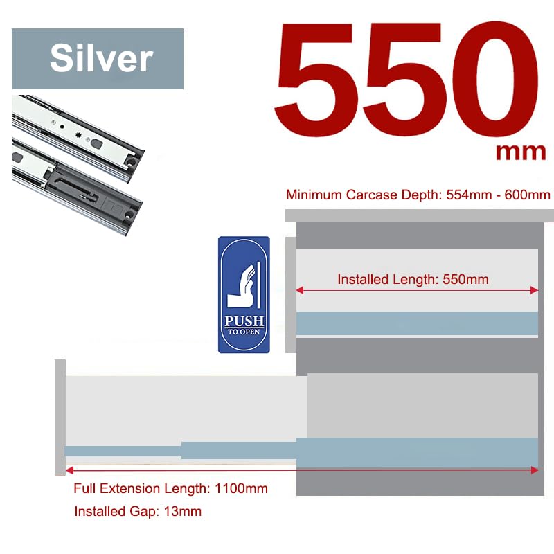 LOOTICH Full Extension Push to Open Rebound Drawer Slides 550 mm Side Mounted Handleless Ball Bearing Press Open Rails Drawer Runners Load Capacity 35 kg (1 Set) - Image 2