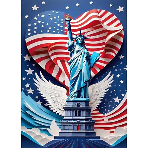 Image of Independence Day Statue of Liberty Diamond Painting Kits for Adults, American Flag Patriotic and Freedom 5D Diamond Art Kits for Adults, DIY Full Drill Round 4th of July Wall Decor 12x16 Inch