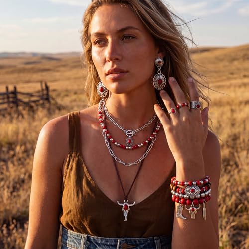 Image of Ecally Bohemian Western Jewelry Turquoise Set Women Country Pendant Long Choker Layered Bracelets Earrings Ring for Women