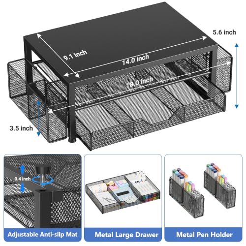 Image of OPNICE Desk Organizers and Accessories, Computer Monitor Stand Riser with Drawer and 2 Pen Holders, Printer & Laptop Stand, Office Desk Accessories & Workspace Organizers for Home Office Supplies, Metal Black