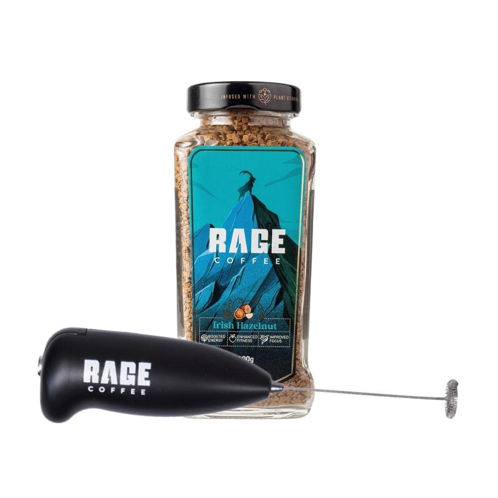 Rage Coffee Combo Instant Coffee with Free Frother Irish Hazelnut