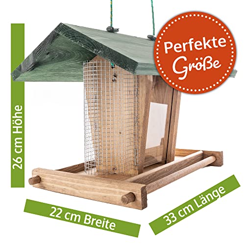 zooprinz Vogelhaus zum aufhängen – Vogelfutterspender mit stabilen Sitzstangen und Schutz-Dach für Wildvögel – witterungsbeständig und langlebig – Mit Seil