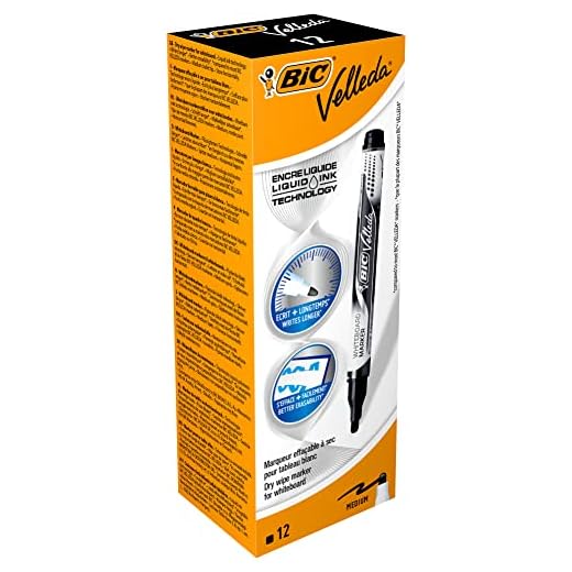 BIC 102466 Velleda Pocket rotuladores de Pizarra punta media- Negro, Caja de 12 unidades