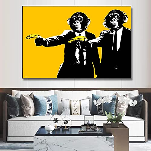 Tableau singe graffiti jaune pour habiller un mur vide avec un cadre intérieur en bois