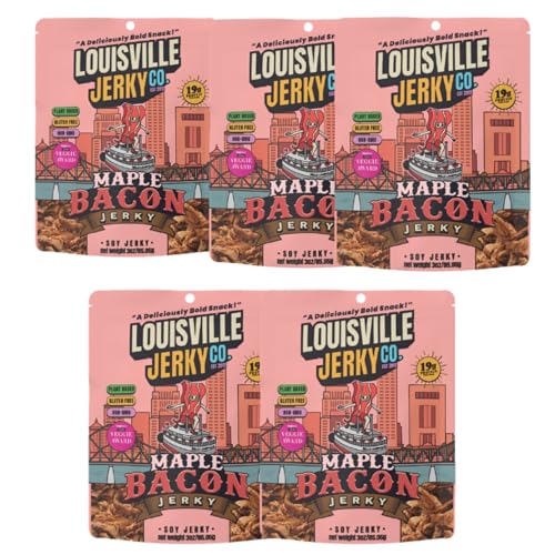 Image of Louisville Jerky Co. Maple Bacon Vegan Jerky, 3 oz, 5-Pack | 6g Protein, Plant-Based Protein Snack, Vegetarian Jerky, Meatless, Sweet and Smoky, Ready-to-Eat, Vegan Bacon Alternative