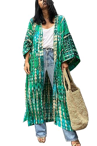 LikeJump Women's Long Floral Kimono Dressing Gown Beach Bikini Cover-Ups Maxi Dress Plus Size Summer Robe Green