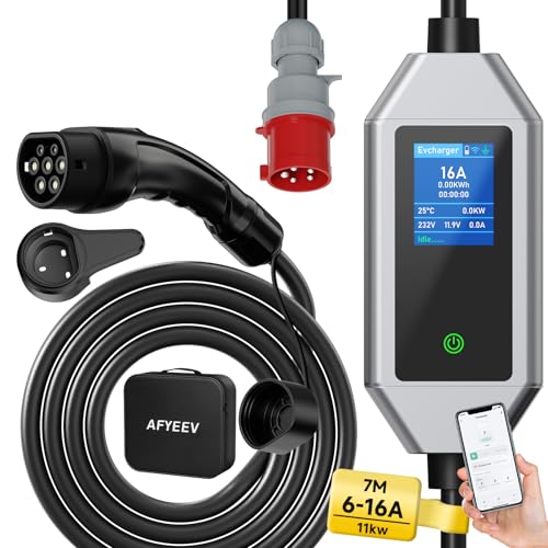 AFYEEV Cargador EV Mobile Wallbox de 11 kW Tipo 2, 7 m | 6-16A | Cable de Carga trifásico Tipo 2 Schuko con Enchufe CEE y función de conexión App, Cable de Carga Tipo 2 con Carga retardada de 1-15 h