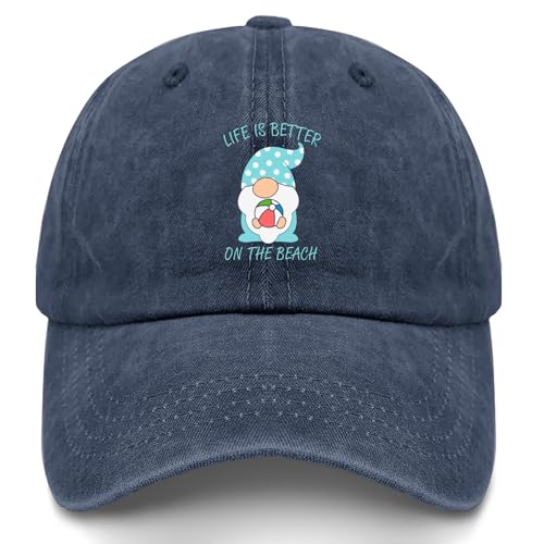 Life is Better on The Beach gnome Hat for Men Vintage Washed Distressed Navy Blue