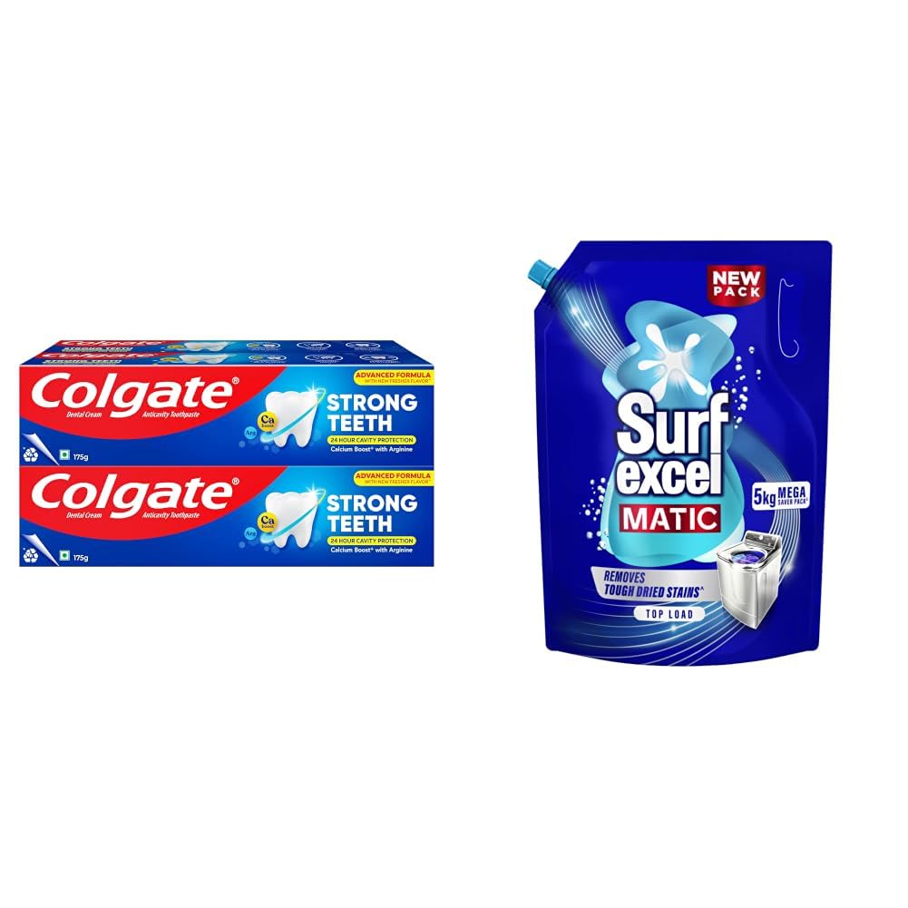 Colgate Strong Teeth Calcium-Boost Toothpaste, 700g (175g X 4) & Surf Excel Matic Top Load Liquid Detergent 5Kg Refill Pouch, Specially designed to remove Tough Dried Stains, 1st time in Washing-image-34