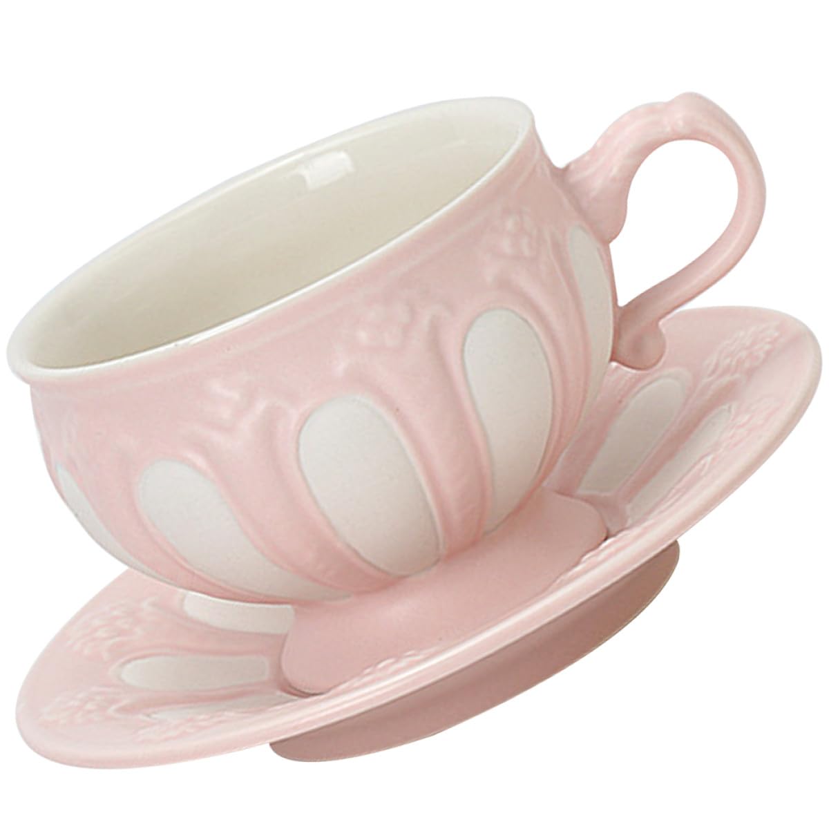 Juego de Tazas y Platillos de Cerámica Rosa Estilo Europeo Diseño en Relieve, Bordes Suaves y Cómodo para Café o Té en Cafetería o Pastelería