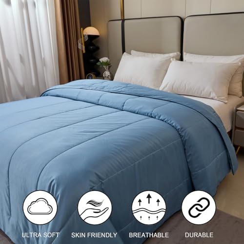 2025 Premium Non-Vacuum Reversible Lightweight Cooling All Season Comforter Quilt - Soft Breathable Fluffy (Sky Blue, King) - image 4